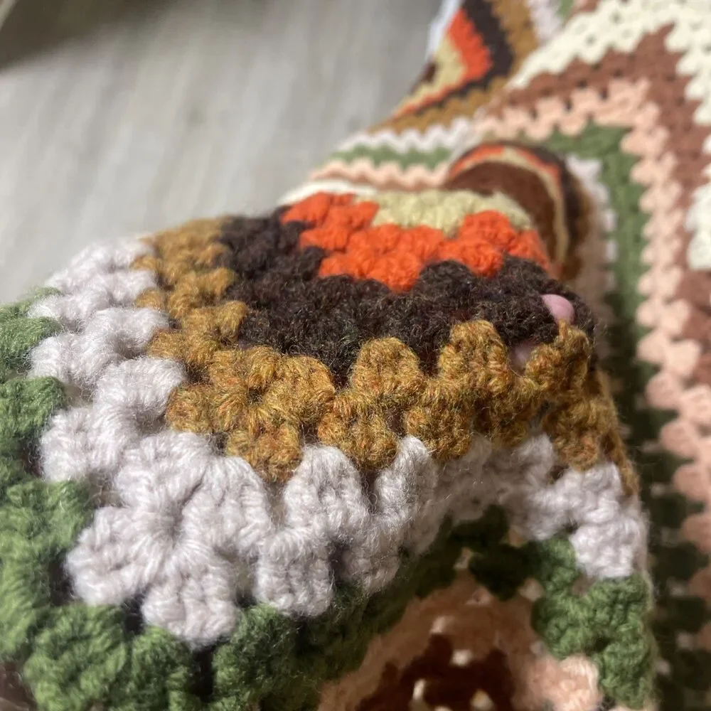 LARGE Granny Square Hand-Crochet Blanket Cream Pink Brown Sage 88x67 inches